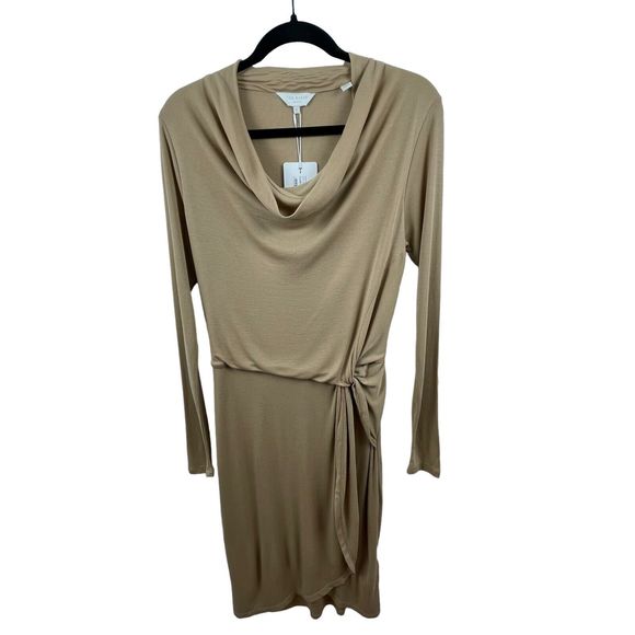 18. NWT Ted Baker Neyda Wrap Dress Tan Camel Size 4/6 100% Lyocell Cowl Neck - Picture 3 of 15